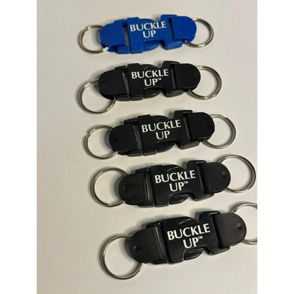 BUCKLE-UP Safety Keychain Set Lot of 5 Plastic Promotional Keyrings Blue & Black - Picture 3 of 5